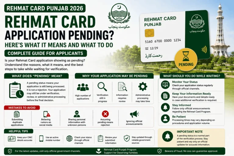 Illustration explaining the meaning of a pending Rehmat Card application status and what applicants should do while waiting for verification.